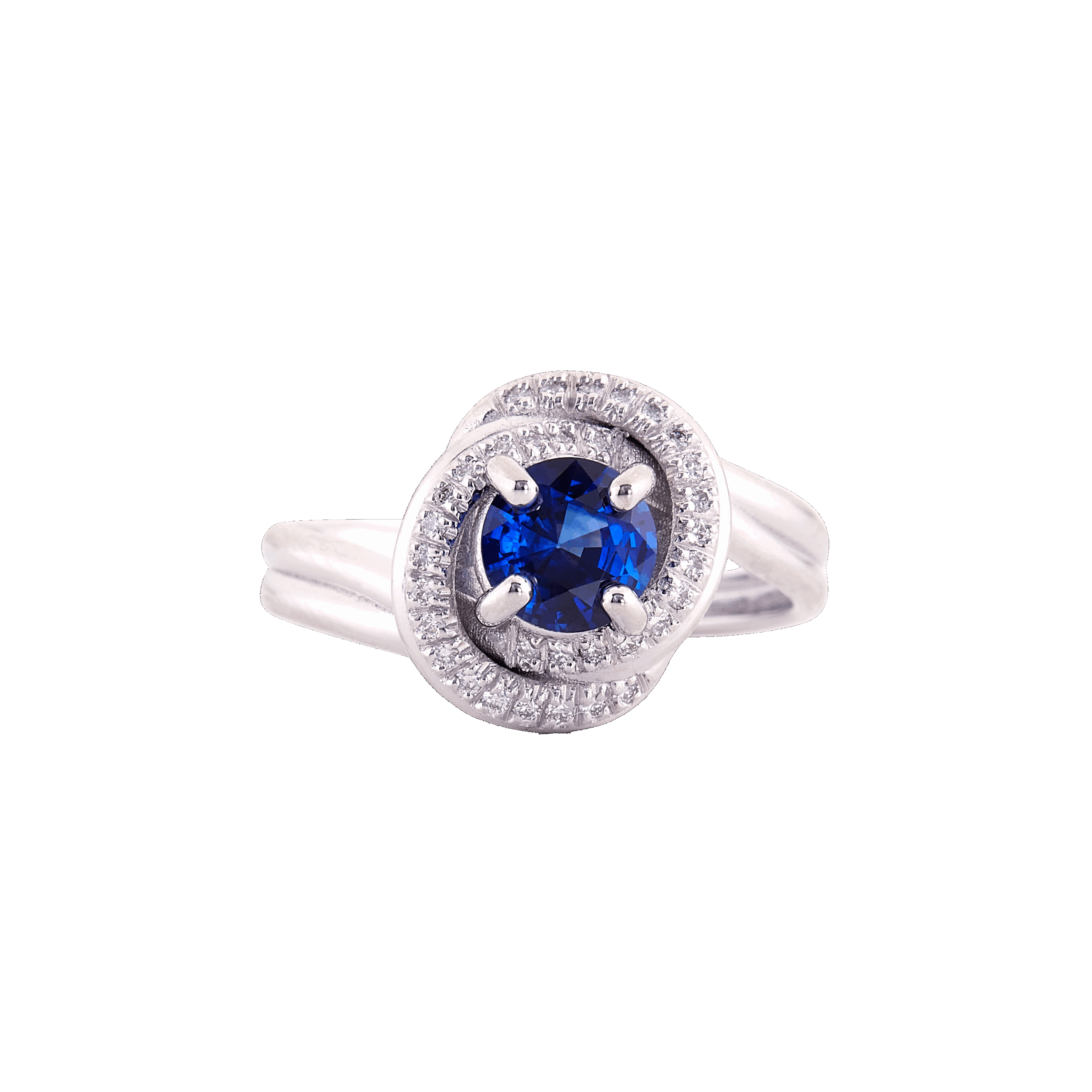 Bague or blanc, saphir bleu et diamants